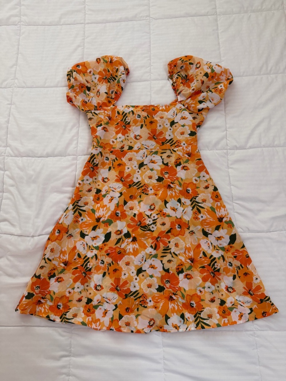 H&M Orange Floral Puff-Sleeve A-Line Dress